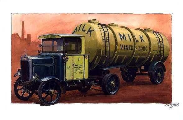 Scammell frameless tanker. Painting by Mike Jeffries