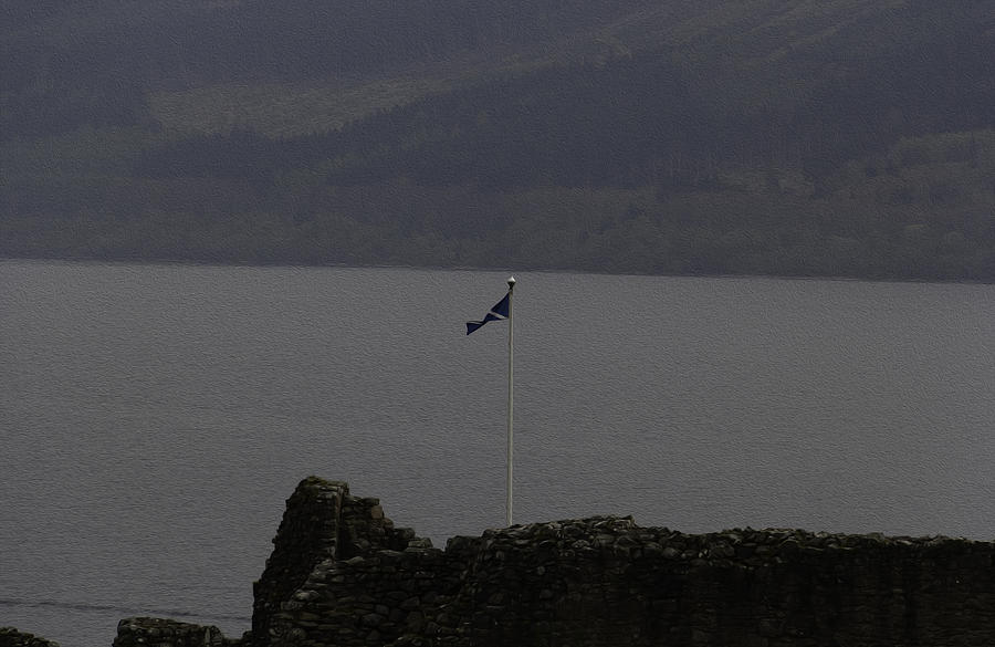Scottish flag flying high over the remains of Urquhart Castle #1 Digital Art by Ashish Agarwal