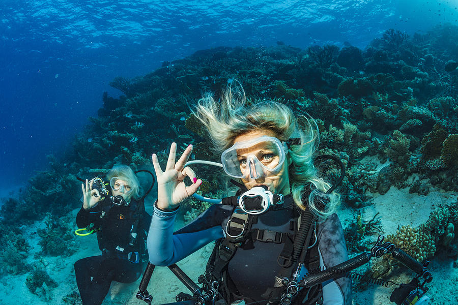 Scuba diver is exploring and enjoying Coral reef  Sea life Couple Two sporting women Underwater photographer #1 Photograph by Ultramarinfoto