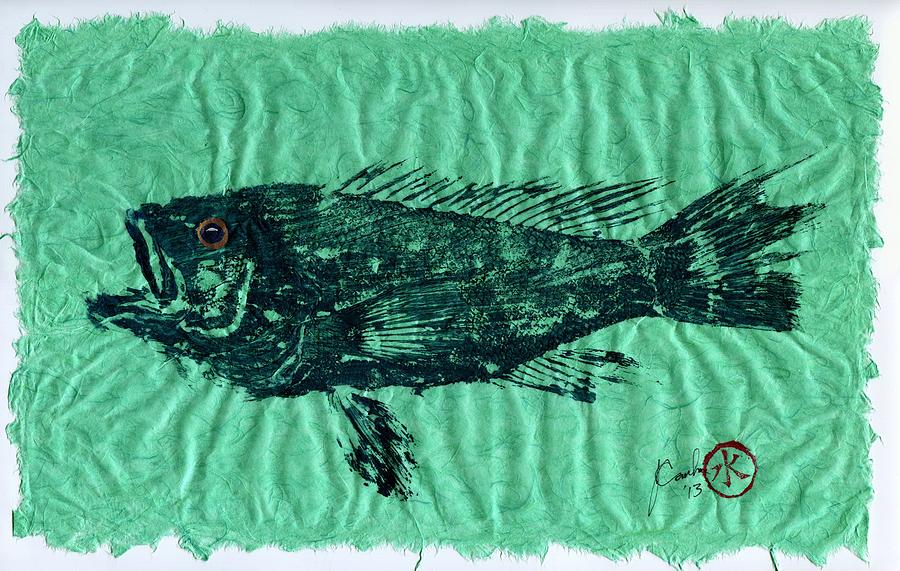Fish Mixed Media - Sea Bass on Aegean Green Thai Unryu Paper #2 by Jeffrey Canha