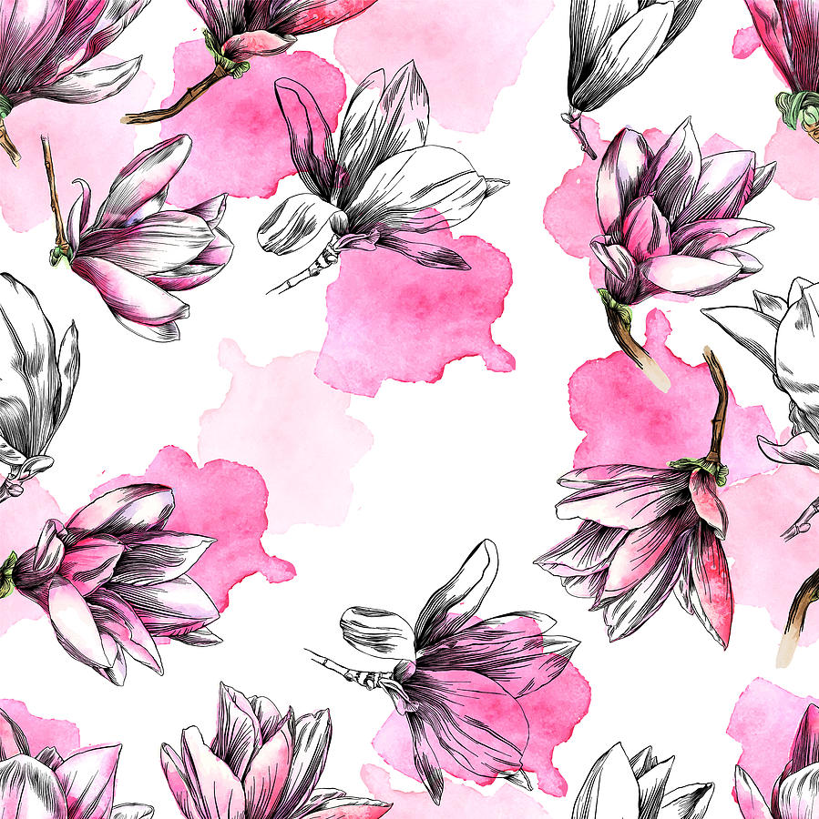 Seamless Magnolia Flower Pattern with Watercolor and Pen and Ink Elements #1 Drawing by Andrea_Hill