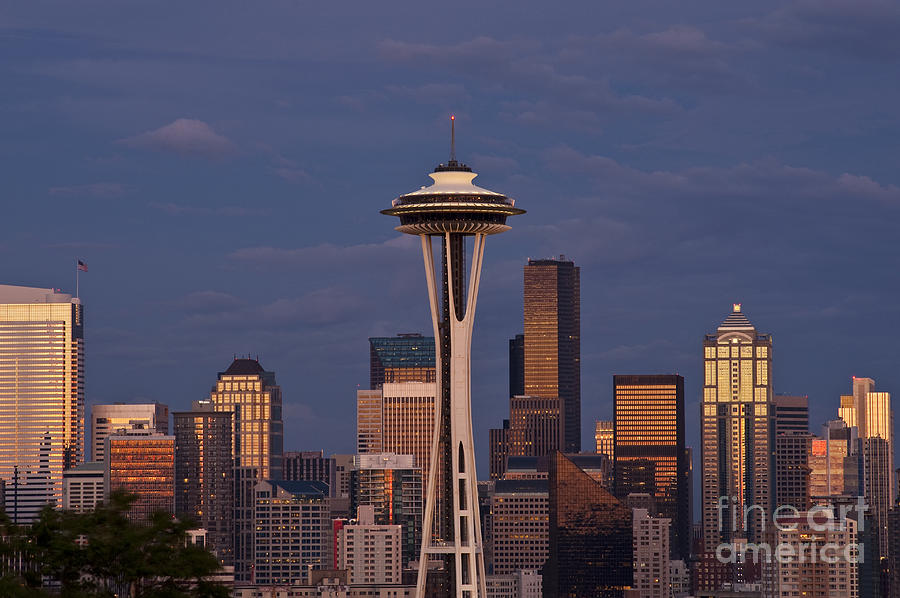 Architecture Photograph - Seattle Skyline and Space Needle with city lights #1 by Jim Corwin