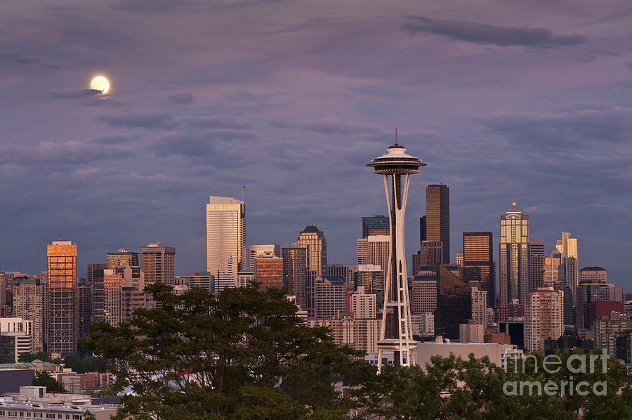 Seattle Skyline with moonrise and Space Needle #1 Photograph by Jim Corwin