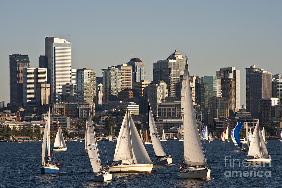 Seattle Skyline With Sailboats Photograph