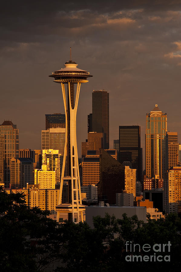 Seattle Skyline with Space Needle and stormy weather #1 Photograph by Jim Corwin
