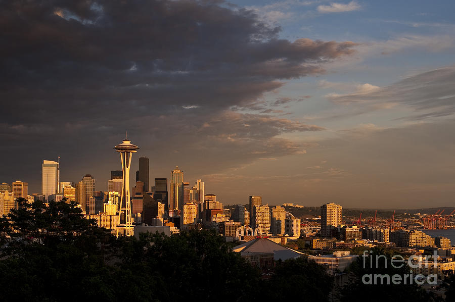 Seattle Skyline with Space Needle and stormy weather with Mount  #1 Photograph by Jim Corwin