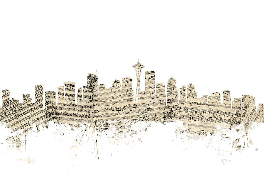 Seattle Digital Art - Seattle Washington Skyline Sheet Music Cityscape #1 by Michael Tompsett