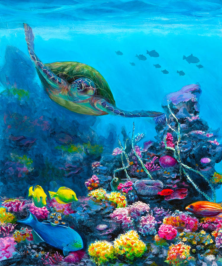 Fish Painting - Secret Sanctuary Hawaiian Green Sea Turtle and Reef by Karen Whitworth
