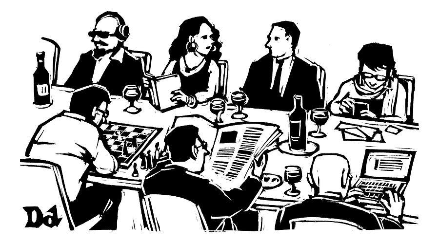 Seven People Are Seen Sitting At A Table Drawing by Drew Dernavich
