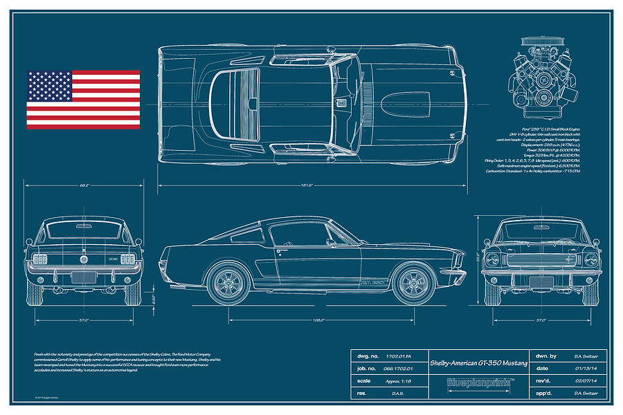 Car Digital Art - Shelby Mustang GT350 Blueplanprint #1 by Douglas Switzer