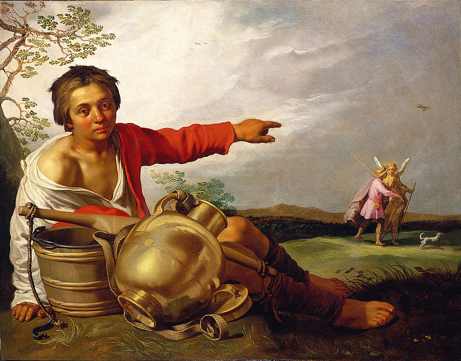 Shepherd Boy pointing at Tobias and the Angel #1 Painting by Abraham Bloemaert