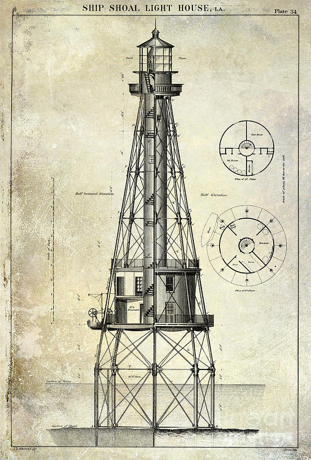 Ship Shoal Drawing - Ship Shoal Lighthouse Blueprint #1 by Jon Neidert