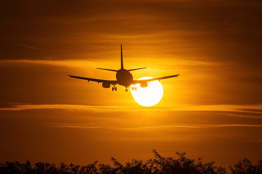 Silhouette of an air plane over the sun with beautiful red clouds in background Photograph by Danm