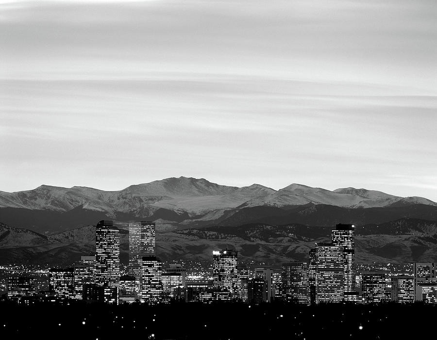 Black And White Photograph - Skyline And Mountains At Dusk, Denver #1 by Panoramic Images