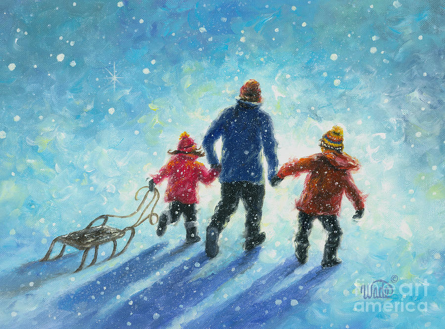 Winter Painting - Sledding With Dad #1 by Vickie Wade