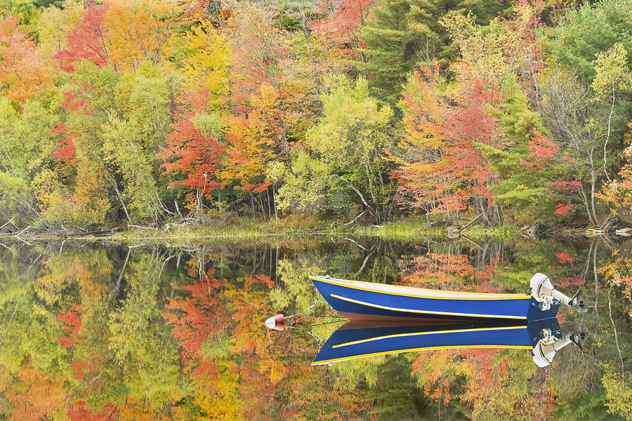 Small Motor Boat in Fall Torsey Pond Readfield Maine #1 Photograph by Keith Webber Jr