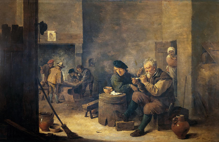 David Teniers The Younger Painting - Smoking in a Tavern #1 by David Teniers the Younger