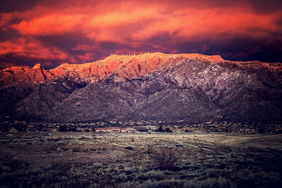 Snow Dusted Sandia Mountains at Magic Hour #1 Photograph by Ivanastar