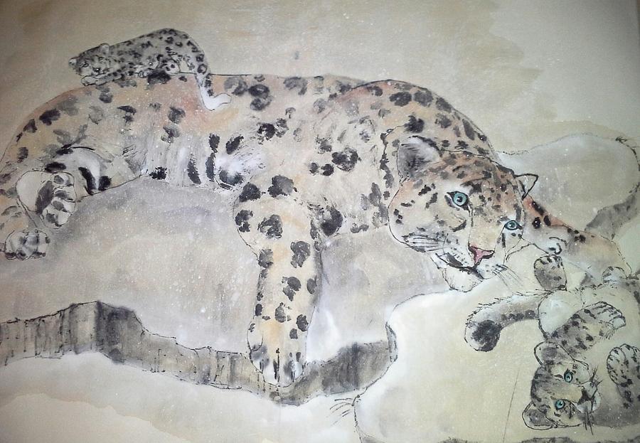 snow monkey snow Leopard album #1 Painting by Debbi Saccomanno Chan