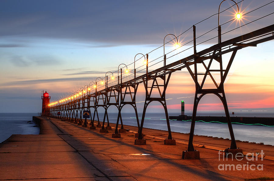 Sunset Photograph - South Haven Pier in Evening #1 by Twenty Two North Photography