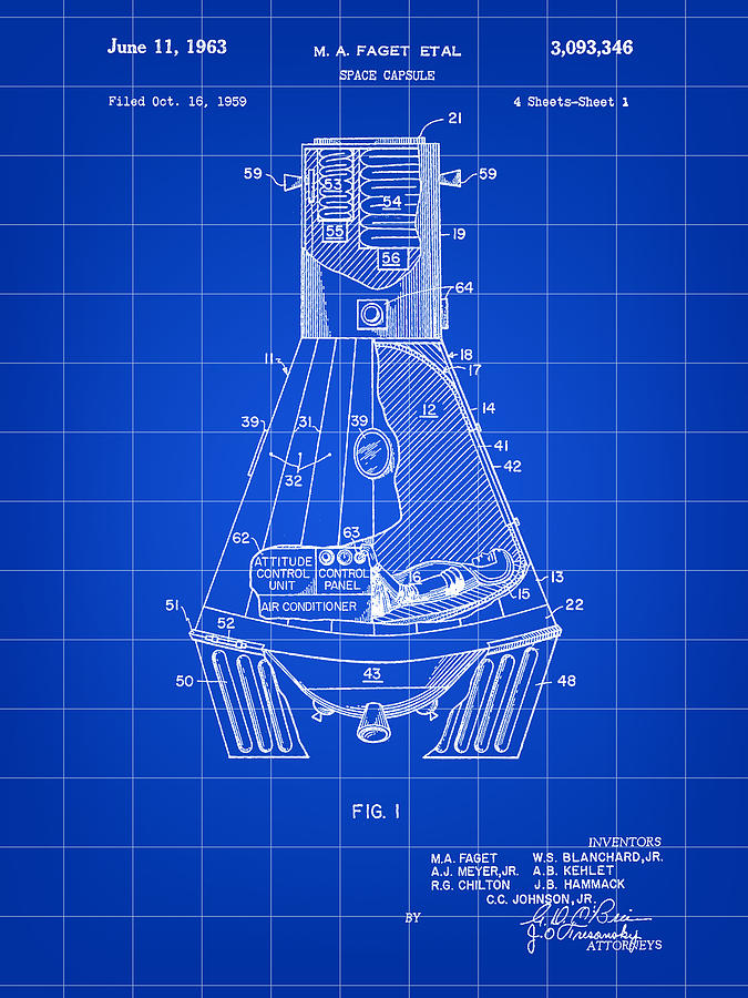 Space Digital Art - Space Capsule Patent 1959 - Blue by Stephen Younts