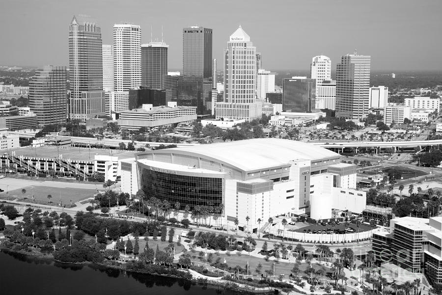 Black And White Photograph - St. Pete Times Forum and Tampa Skyline #1 by Bill Cobb
