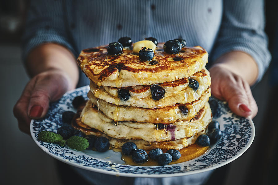 Stack of Pancakes with Maple Syrup and Fresh Blueberries #1 Photograph by GMVozd