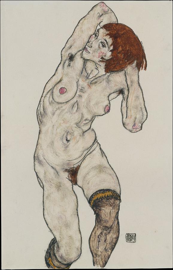 Egon Schiele Drawing - Standing Nude In Black Stockings #1 by Egon Schiele