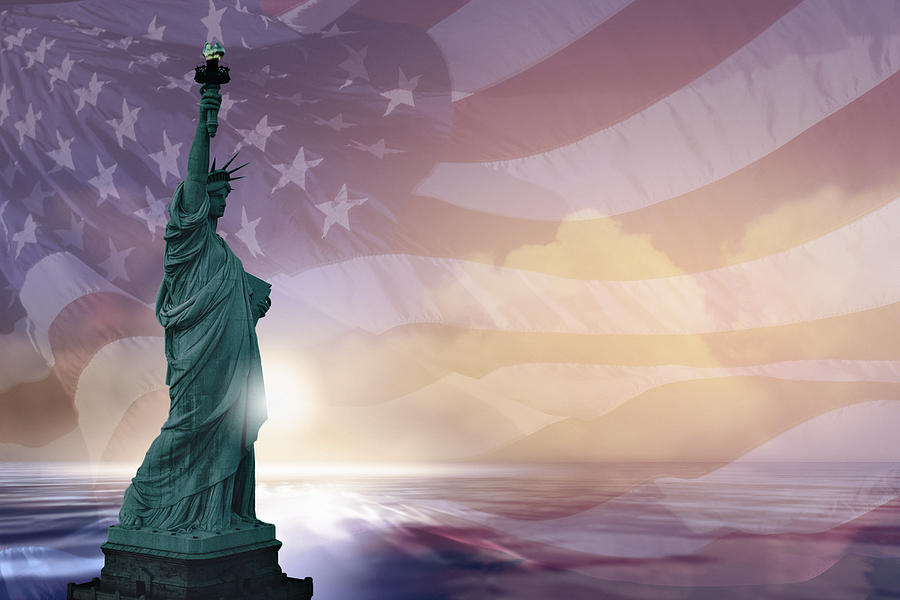 Statue of Liberty and american flag #1 Photograph by Comstock Images