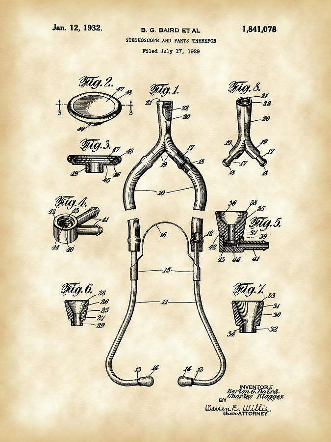 Stethoscope Patent 1929 - Vintage Digital Art by Stephen Younts