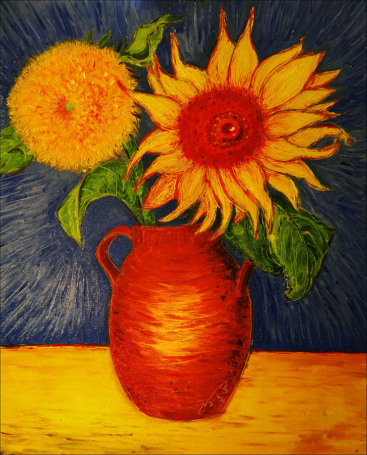 Still Life - Clay Vase with Two Sunflowers Drawing by Jose ...