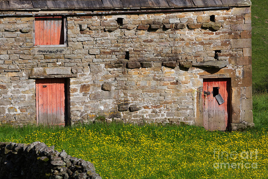 Stone barn with red doors in Swaledale Yorkshire Dales #2 Photograph by Louise Heusinkveld