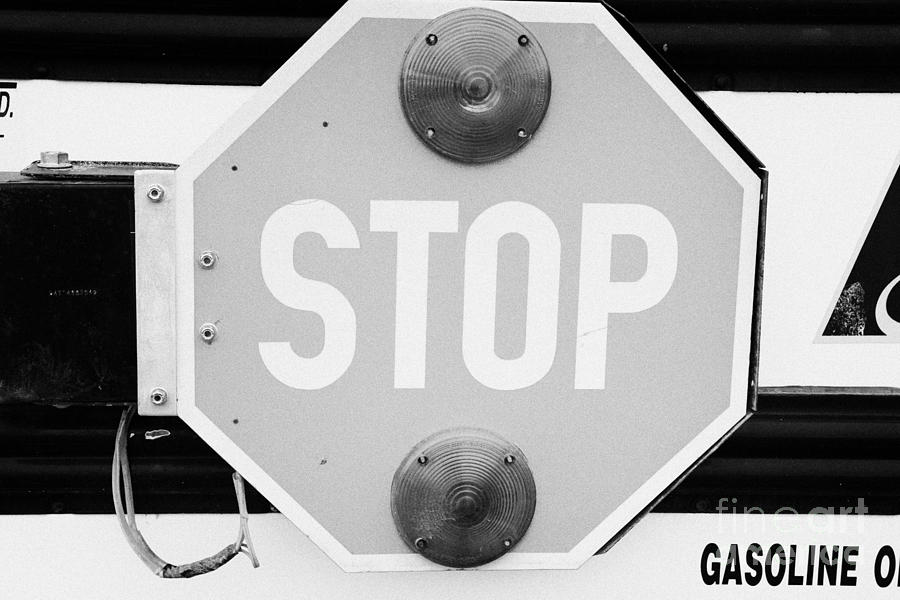 Transportation Photograph - stop sign on a type a gmc north american short yellow school bus Saskatchewan Canada #1 by Joe Fox