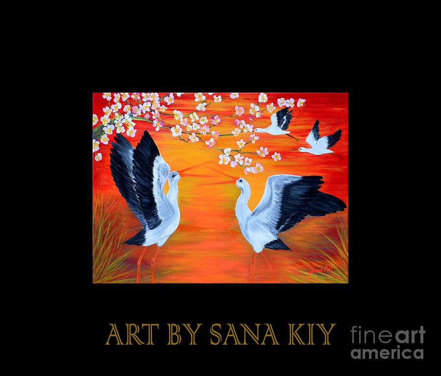 Storks and Cherry Blossom #2 Painting by Oksana Semenchenko