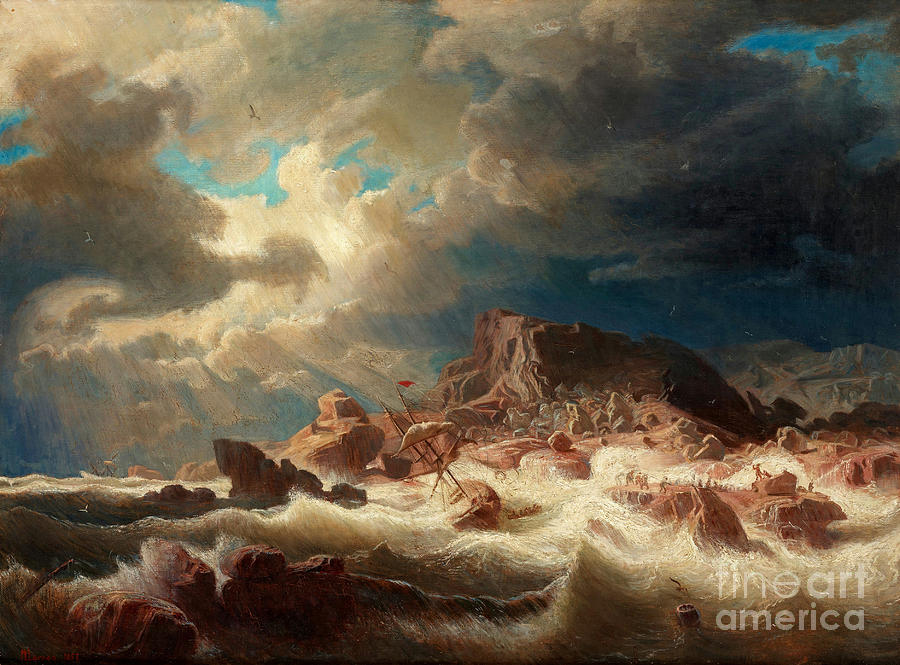 Marcus Larson Painting - Stormy sea with ship wreck #1 by Celestial Images