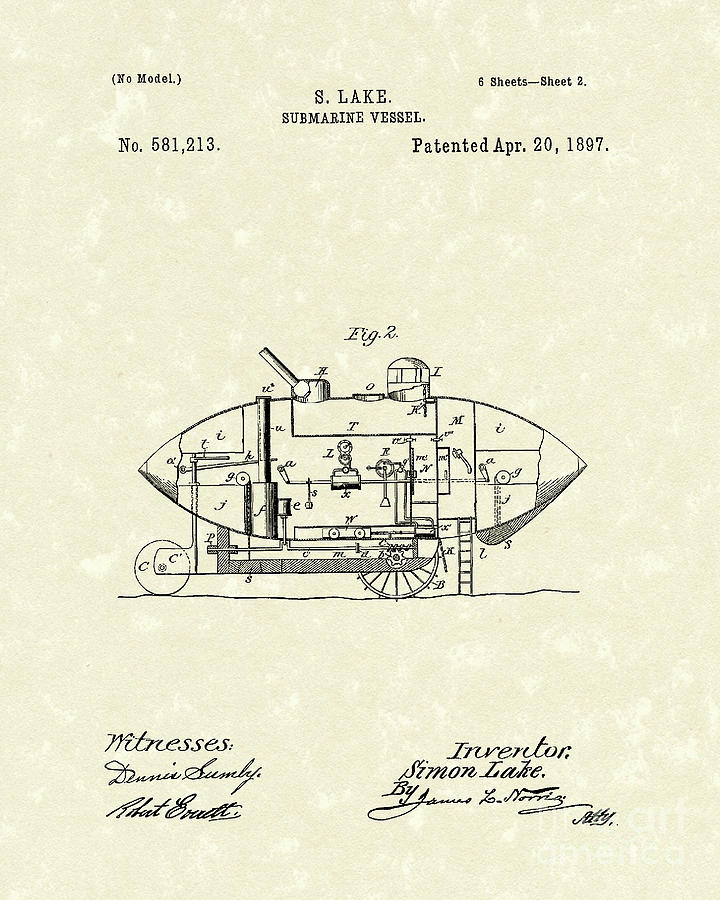 Submarine 1897 Patent Art #1 Drawing by Prior Art Design