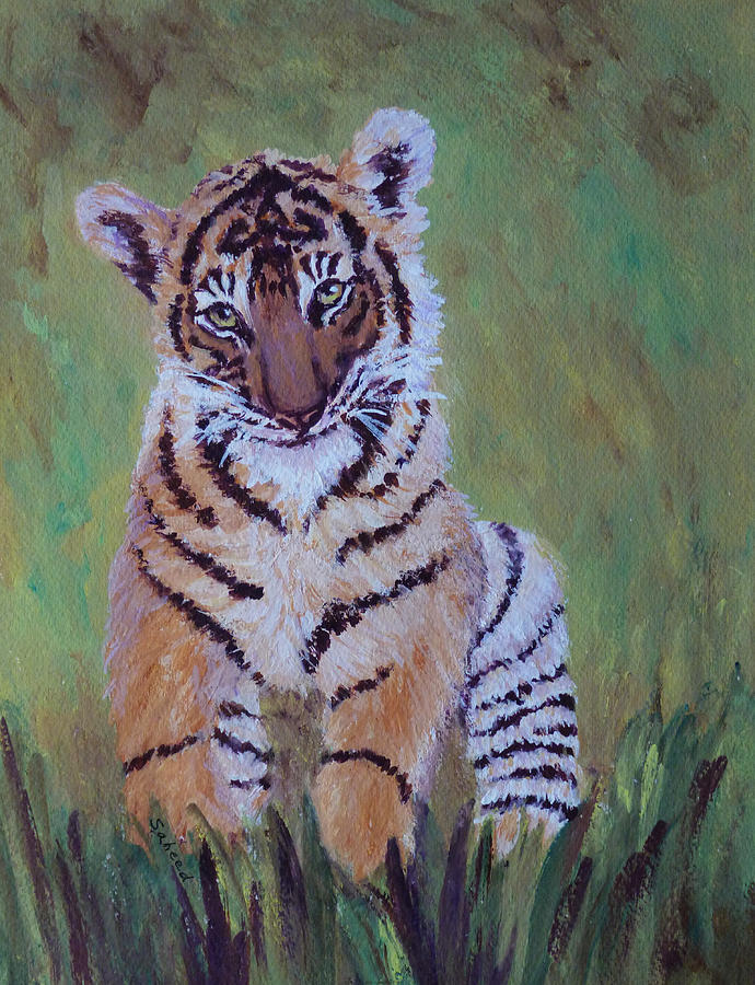 Shy Sumatran Tiger Cub Painting by Margaret Saheed