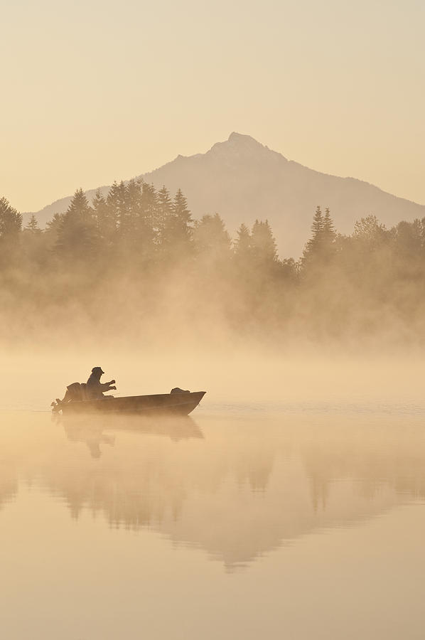 Spring Photograph - Sunrise in fog Lake Cassidy with Mount Pilchuck  #2 by Jim Corwin