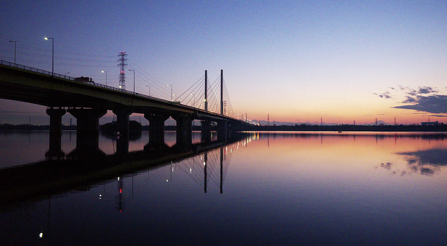 Sunset Of Lake And Cable-stayed Bridge #1 Photograph by Huzu1959