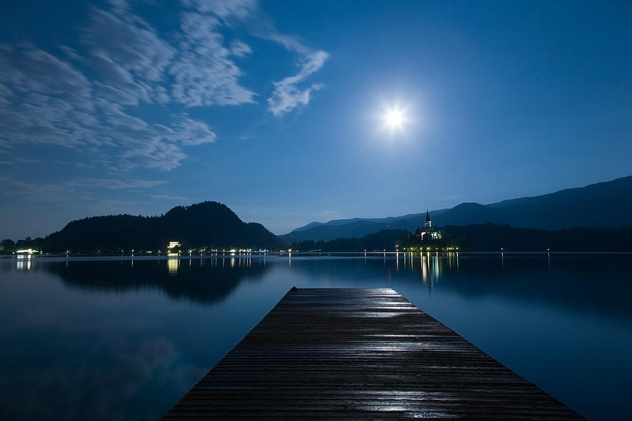 Supermoon over bled Island Church Photograph by Ian Middleton