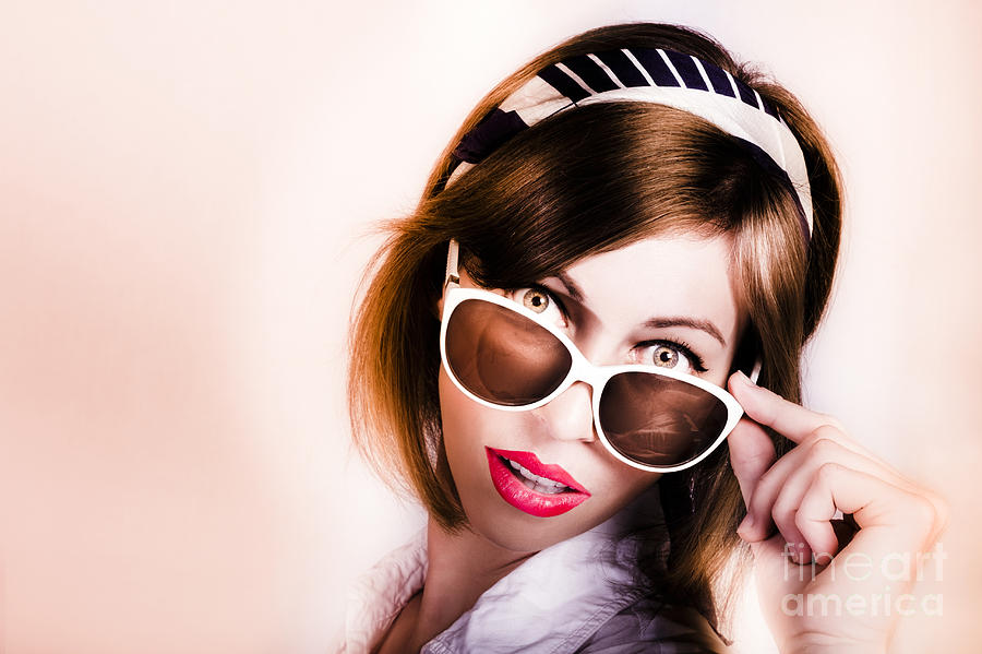 Surprised retro pop art girl wearing red lipstick #1 Photograph by Jorgo Photography