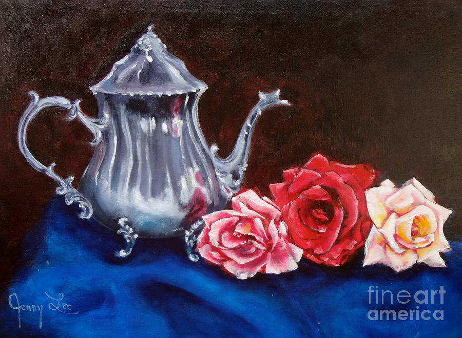 Teapot and Roses #2 Painting by Jenny Lee