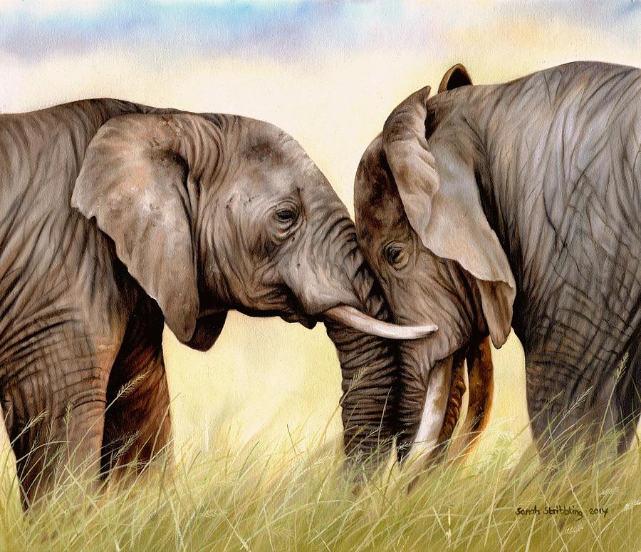 Elephant Painting - Tender moment #1 by Sarah Stribbling