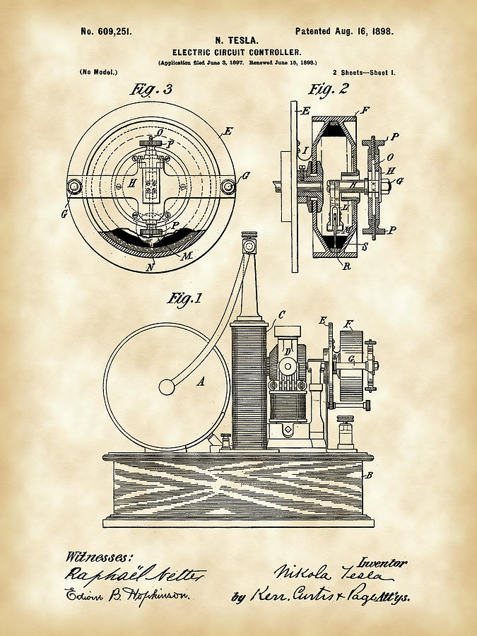Tesla Electric Circuit Controller Patent 1897 - Vintage Digital Art by Stephen Younts