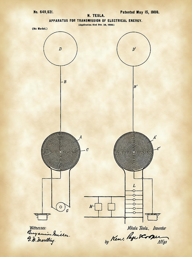 Tesla Electric Transmission Patent 1900 - Vintage Digital Art by Stephen Younts