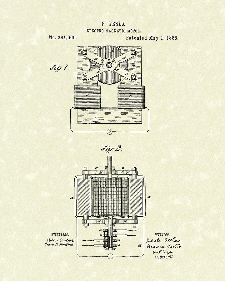 Tesla Motor 1888 Patent Art #2 Drawing by Prior Art Design