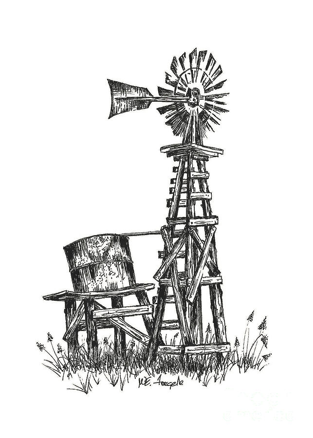 Texas Windmill Drawing by Walt Foegelle