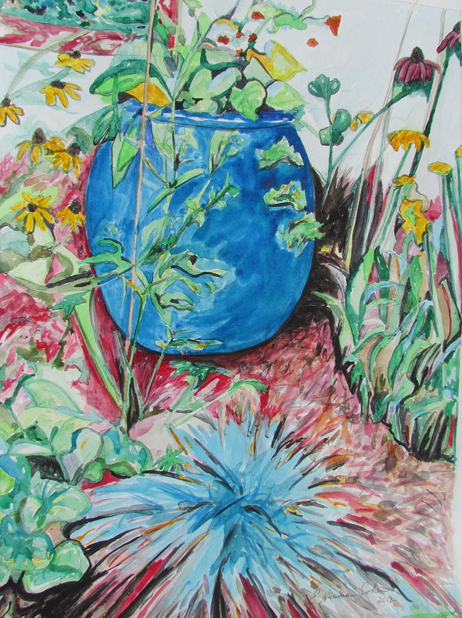 Summer Painting - The Blue Flower Pot by Esther Newman-Cohen