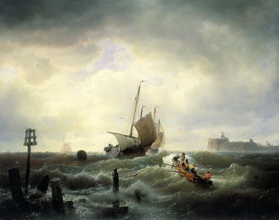 The Entrance to the Harbour at Hellevoetsluys #2 Painting by Andreas Achenbach