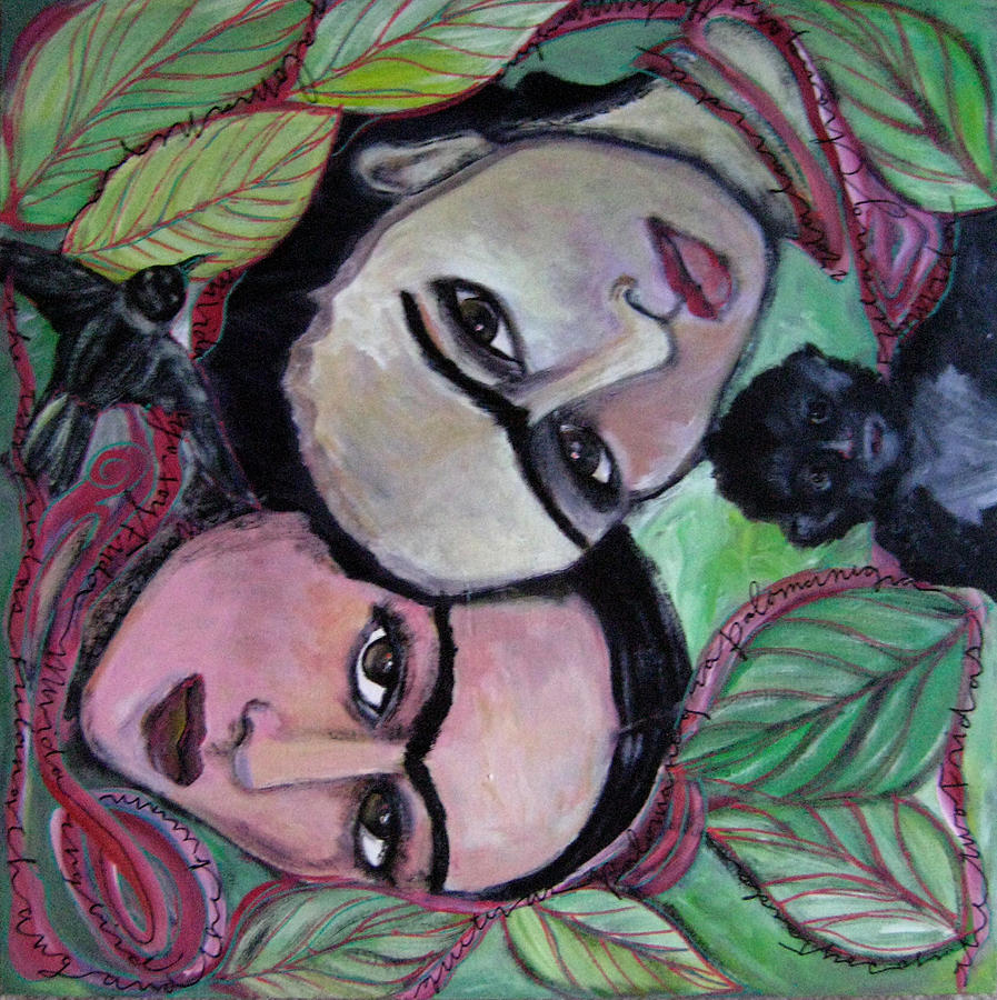 The Two Fridas with Red Ribbon #2 Painting by Laurie Maves ART